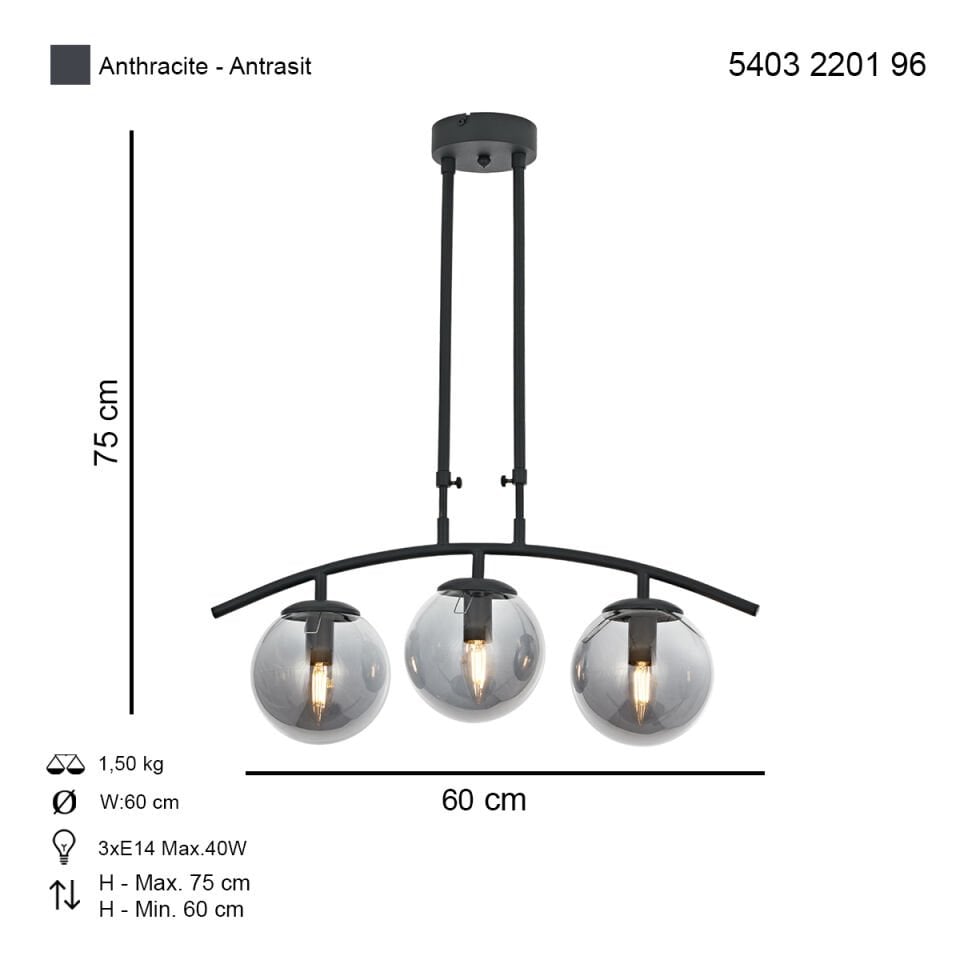 Özen Sıralı 3 lü Sarkıt Avize Antrasit