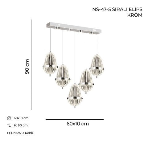 NS-47-5 Sıralı Elips Krom Ledli Avize