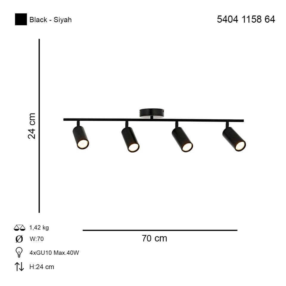 Ray 4 lü Siyah Modern Avize