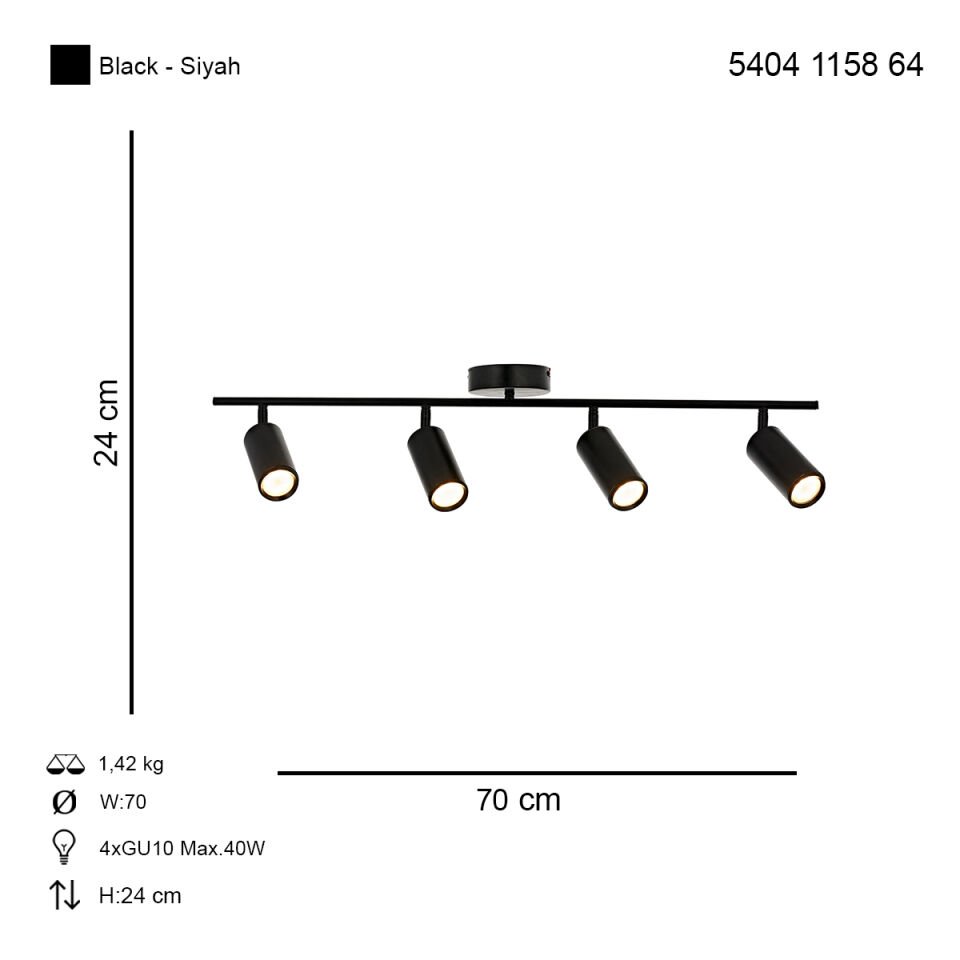 Ray 4 lü Siyah Modern Avize
