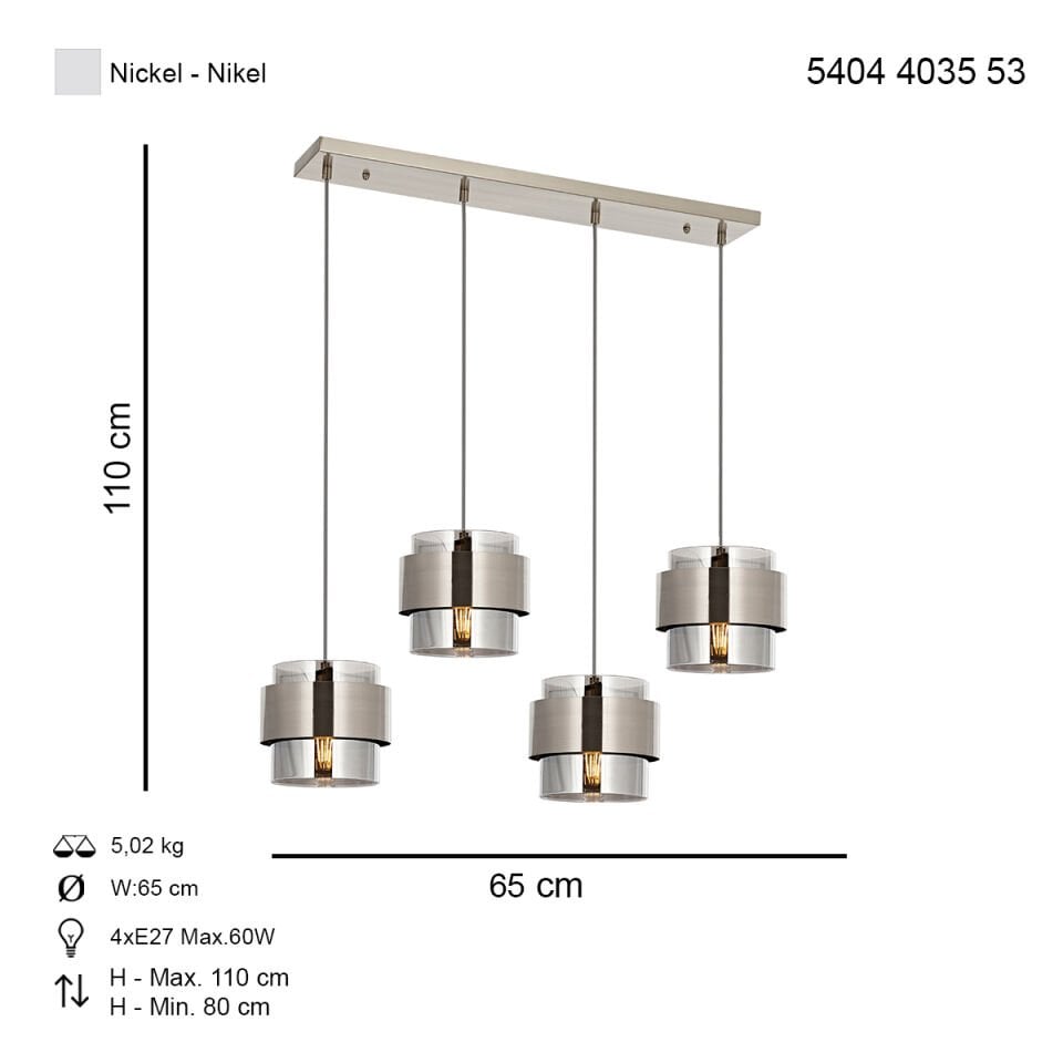 Roza Sıralı 4 lü Sarkıt Avize Nikel