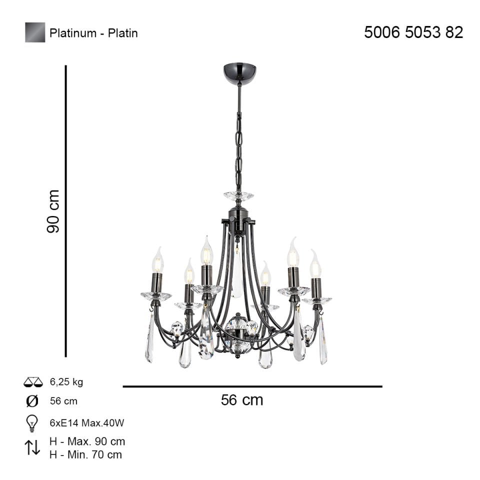 Prenses 6 lı Avize Platin