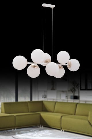 Cross 8'li Opal Camlı Modern Sarkıt Avize Beyaz