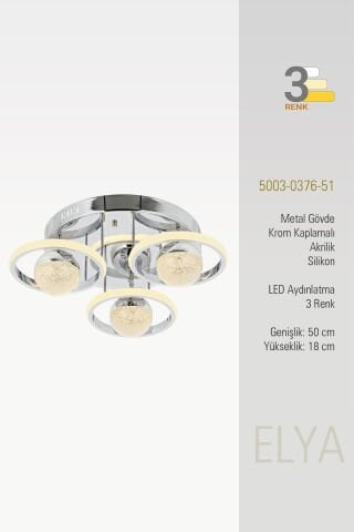 Elya 3lü Plafonyer Avize Krom