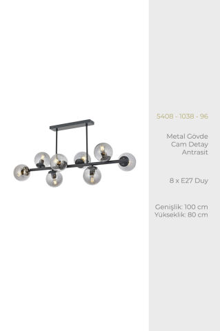 Milan 8li Sıralı Antrasit Modern Avize